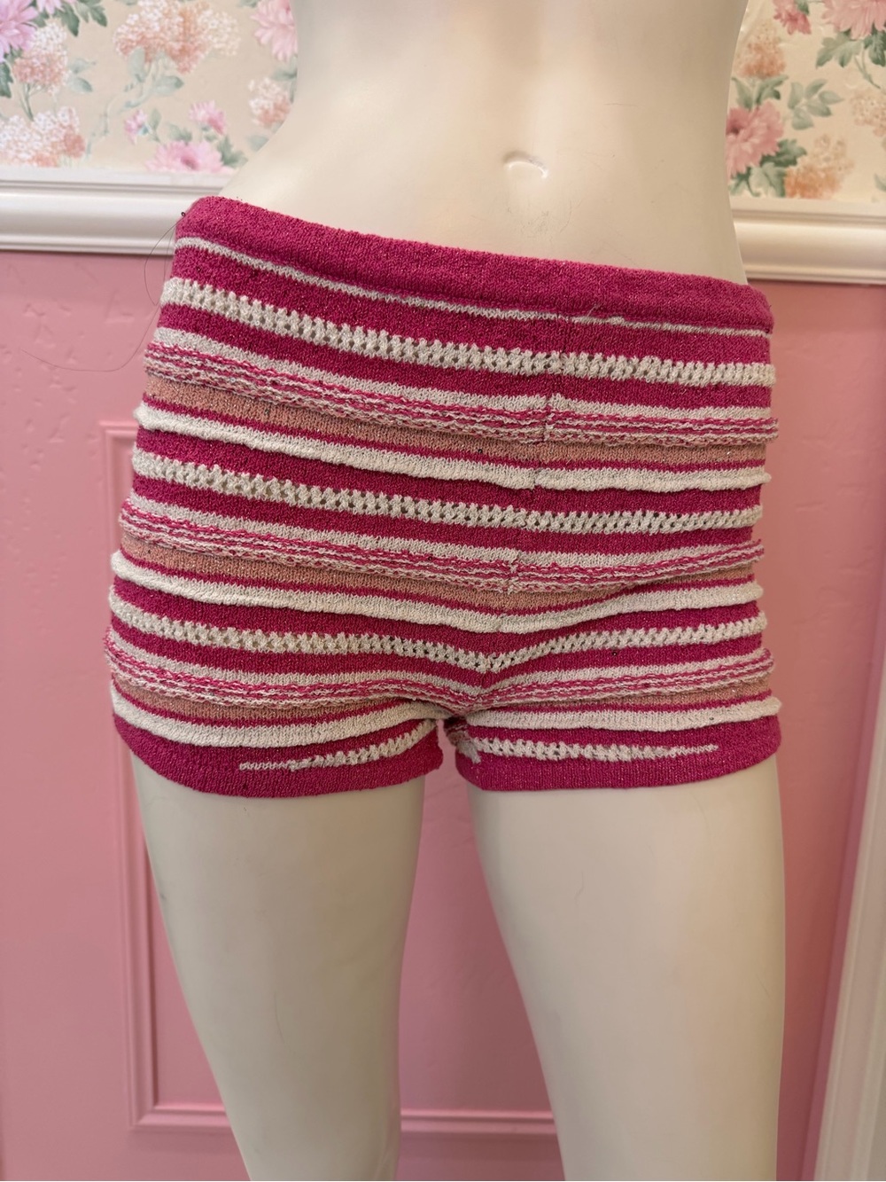 Edikted Pink and Cream Striped Knit Bike Shorts